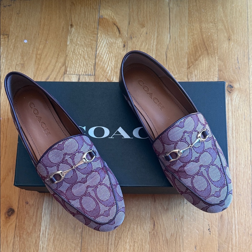 Coach Haley Loafers in Burgundy with gold hardware.